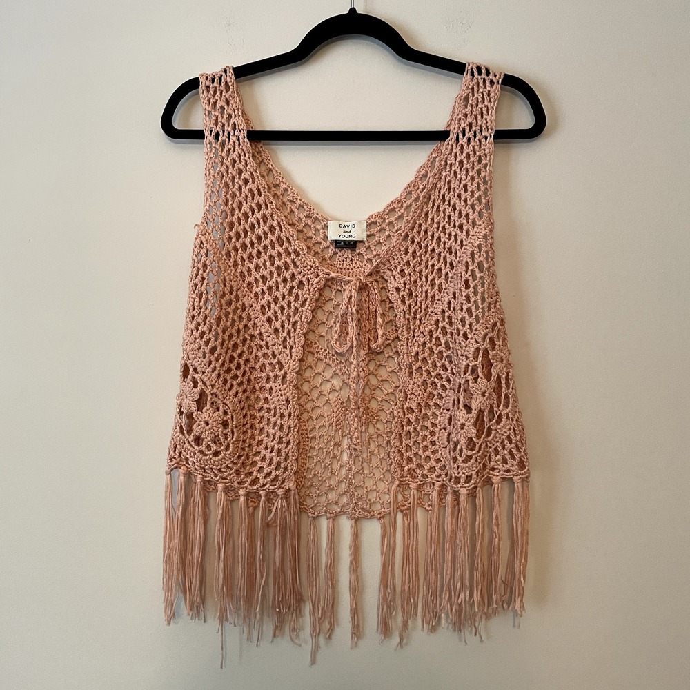 Crochet Open Knit Tie Front Tank Vest Size M Fringe Festival Western Boho Beach